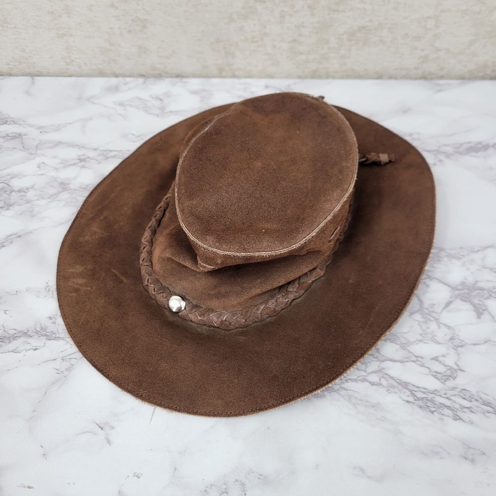 Banana Republic Brown Leather Safari Wide Brim Hat Vintage Y2K Walkabout Western - Picture 2 of 12